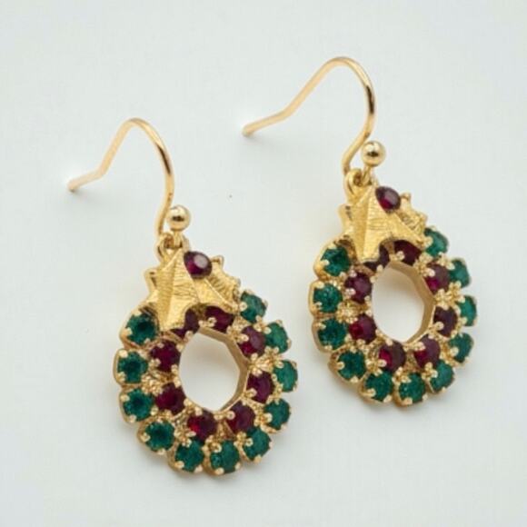 Festive Vintage Green & Red Rhinestone Holiday Wreath Gold Christmas Earrings - Picture 1 of 2